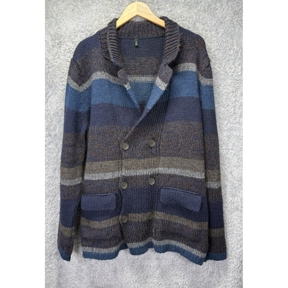 Benetton Mens XL Alpaca Wool Cardigan Striped Shawl Collar Double Breasted